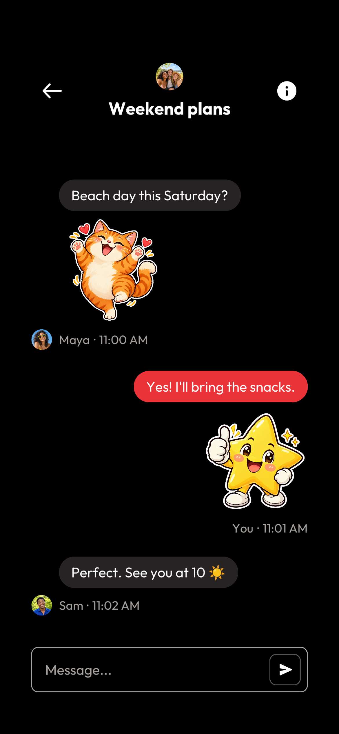 Orange app showing an example chat